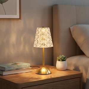Può includere: Una lampada da tavolo color oro con un paralume trasparente sfaccettato. La lampada ha una base rotonda e uno stelo sottile. La lampada è su un comodino di legno accanto a una piccola pianta grassa in vaso. La lampada è collegata.