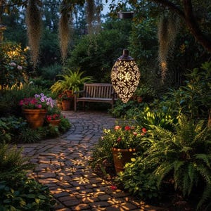 May include: A decorative, solar-powered hanging lantern with a dark brown finish and intricate floral cutouts. The lantern is suspended in a lush garden setting, casting patterned light on a brick pathway. The garden features potted flowers and a wooden bench.