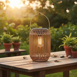Puede incluir: Una linterna solar para exteriores con un diseño de bambú tejido. La linterna tiene una luz cálida y brillante y un asa de metal. Está sobre una mesa de madera con plantas en macetas en el fondo, creando un ambiente acogedor al aire libre.