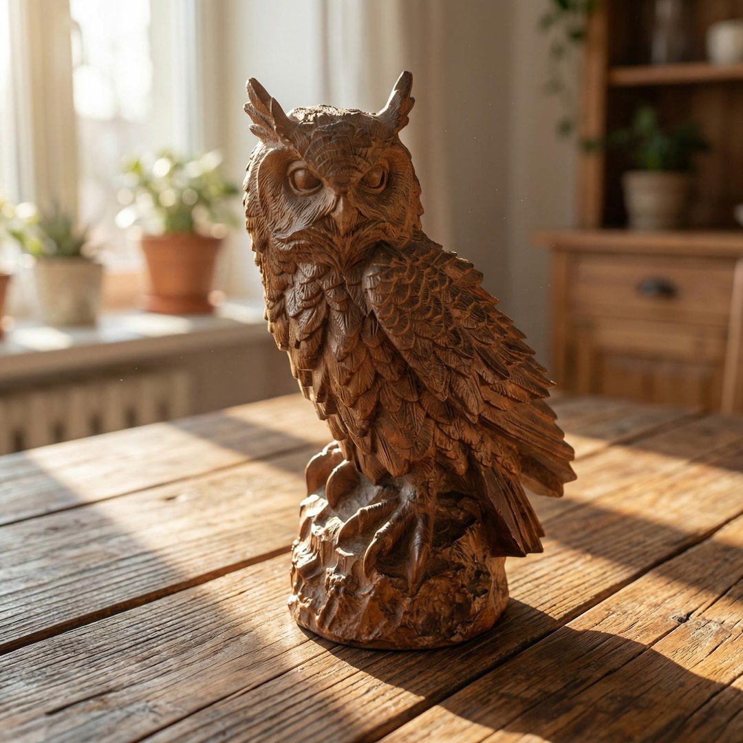Hand Carved Wooden Owl Figurine, Rustic Woodland Animal Sculpture, Forest Decor Accent