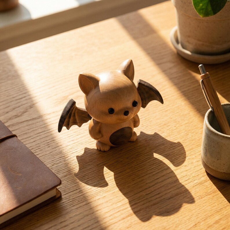 Handmade Wooden Bat Figurine – Cute Gothic Desk Decor – Rustic Wood ...