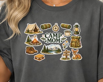 Camp Mom Stickers Collage T-shirt | Camping Lover Tee for Women | Cozy Outdoor Graphic Top
