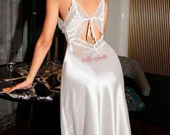 Personalized Satin Slip Dress, Lace Patchwork Bridal Nightgown, Open Back Bachelorette Gown