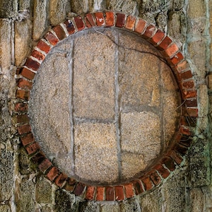 Rustik Coquina-sten och röd tegelring digital bakgrund | Arkitektonisk texturöverlagring