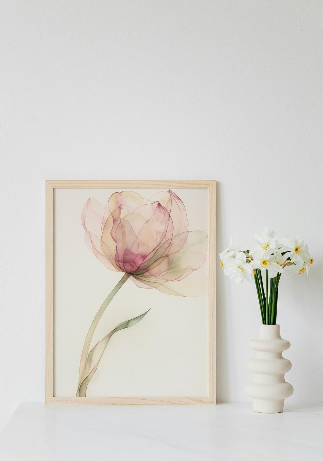Blush Tulip Wall Art Print, Minimalist Botanical Flower Poster, Soft ...