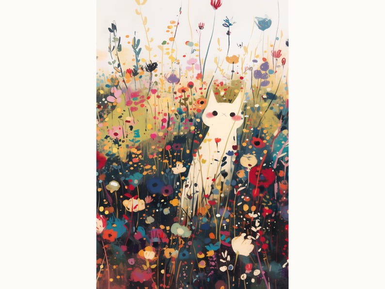 White Cat Wall Art Print, Whimsical Floral Cat Poster, Colorful ...