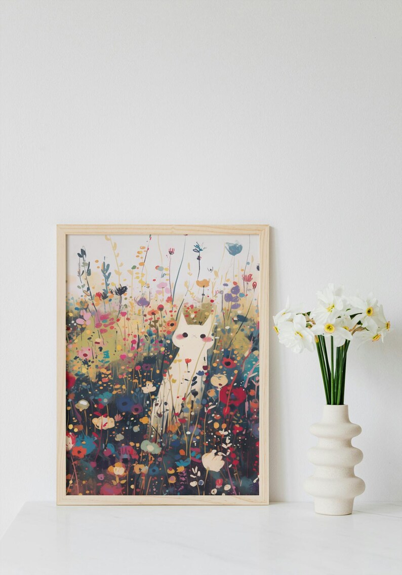 White Cat Wall Art Print, Whimsical Floral Cat Poster, Colorful ...