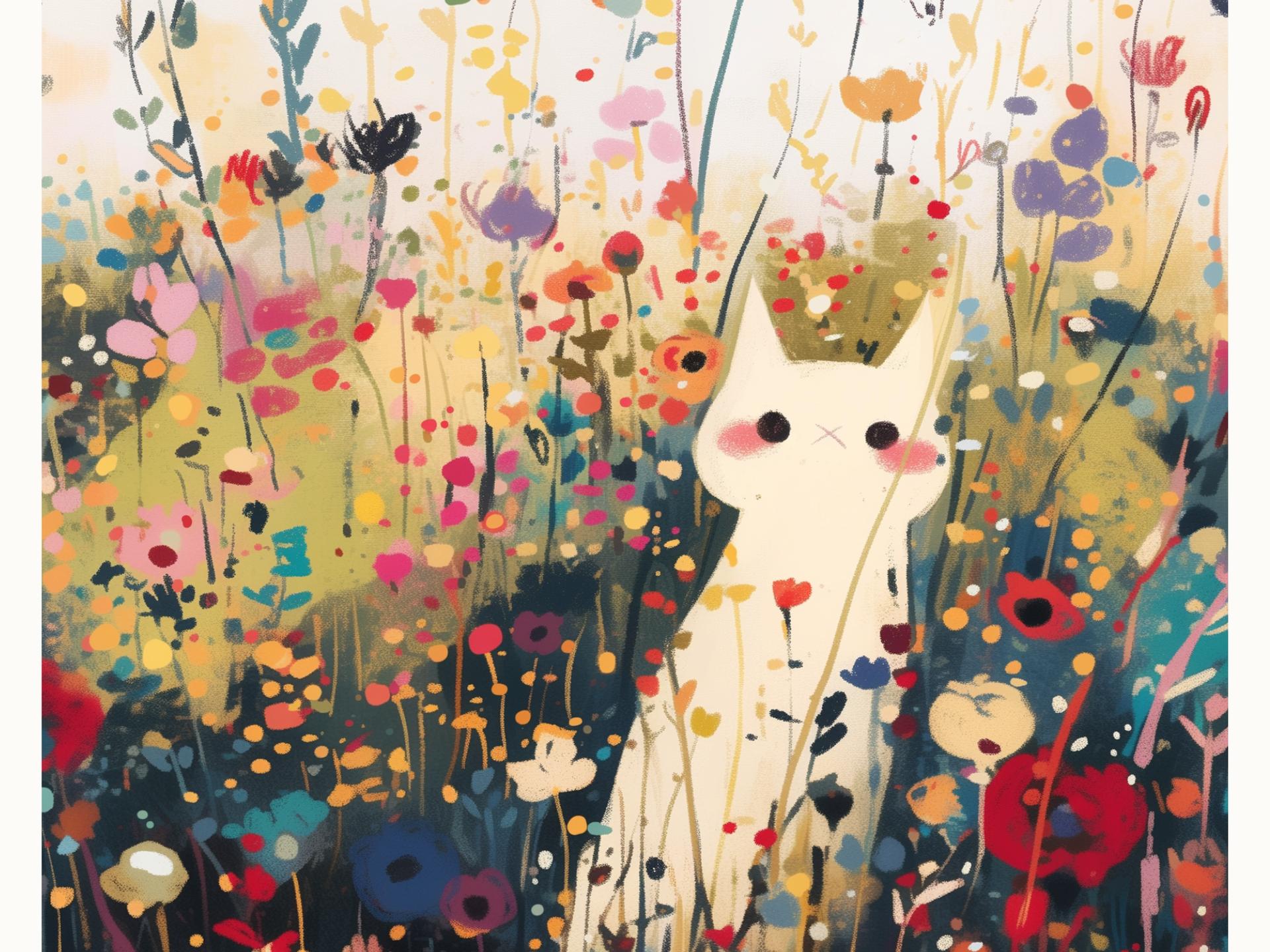 White Cat Wall Art Print, Whimsical Floral Cat Poster, Colorful ...