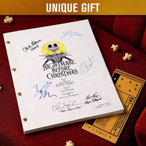 May include: A white script for "The Nightmare Before Christmas" with signatures, popcorn, and a movie ticket. The script has a logo of Jack Skellington. The text "UNIQUE GIFT" is at the top.