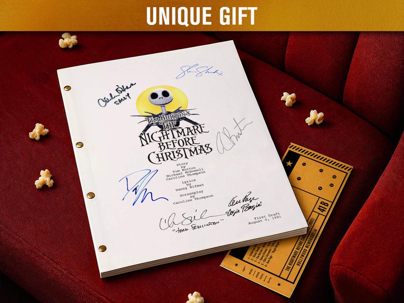 May include: A white script for "The Nightmare Before Christmas" with signatures, popcorn, and a movie ticket. The script has a logo of Jack Skellington. The text "UNIQUE GIFT" is at the top.
