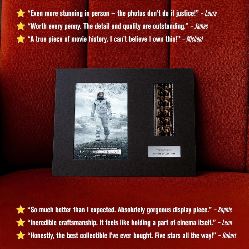 May include: A framed black display featuring a movie poster and film strip from the movie "Interstellar." The poster shows a figure in a spacesuit. The film strip is mounted vertically. The frame includes text: "Original Film Cell Limited Edition Private Collections."