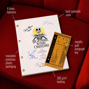 May include: A white script with the title "Tim Burton's The Nightmare Before Christmas" and signatures, held together with brass fasteners. A metallic gold autograph key is next to the script. The script is in a resealable protective plastic packaging.