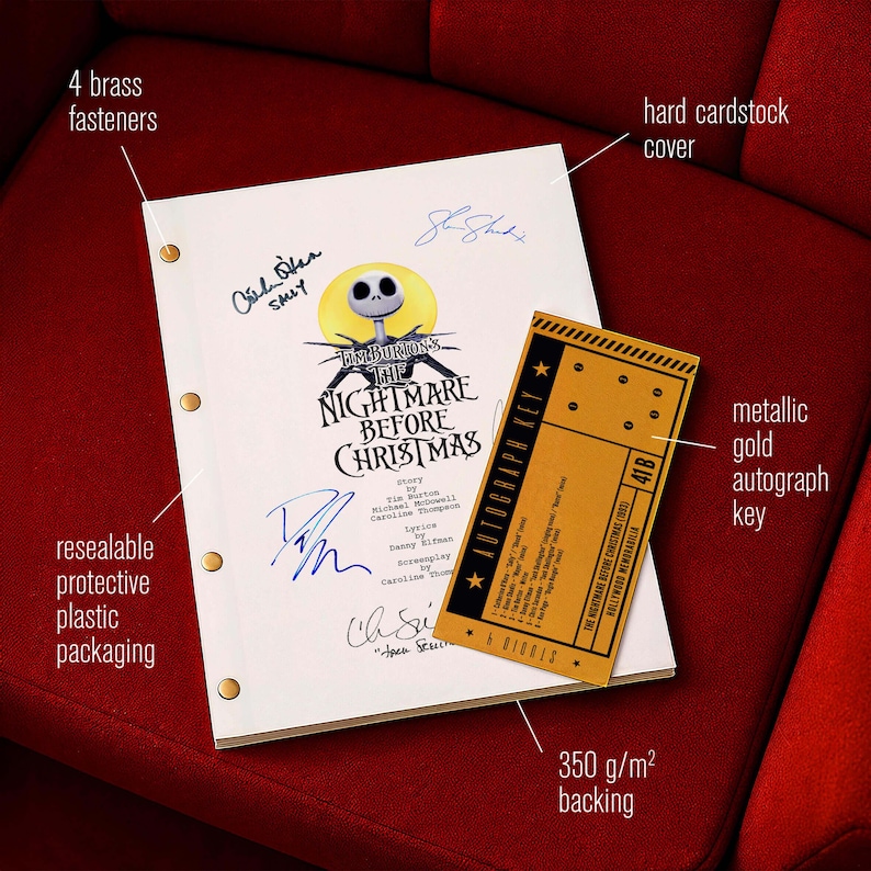 May include: A white script with the title "Tim Burton's The Nightmare Before Christmas" and signatures, held together with brass fasteners. A metallic gold autograph key is next to the script. The script is in a resealable protective plastic packaging.