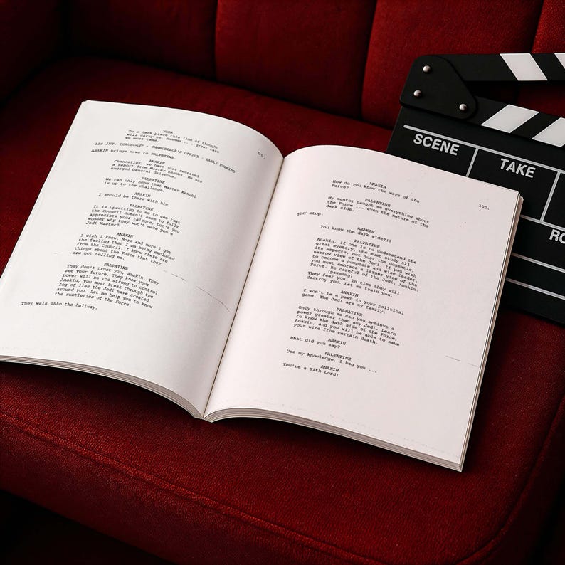 Pode incluir: Um livro aberto com texto impresso est&aacute; sobre uma superf&iacute;cie vermelha ao lado de uma claquete de filme em preto e branco. A claquete diz "SCENE" e "TAKE". As p&aacute;ginas do livro s&atilde;o brancas com texto preto.