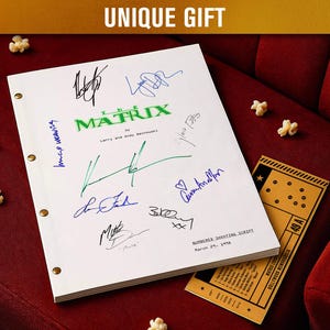 May include: A white script for the movie "The Matrix" with multiple signatures, the title in green, and the text "UNIQUE GIFT". A vintage movie ticket and popcorn are also visible on a red background.