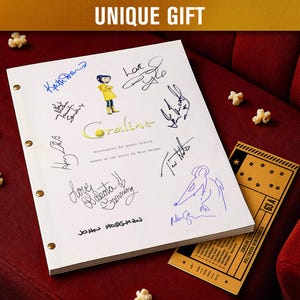 May include: A white script with signatures and the title "Coraline" is displayed on a red surface, accompanied by a movie ticket and popcorn. The text "UNIQUE GIFT" is at the top.