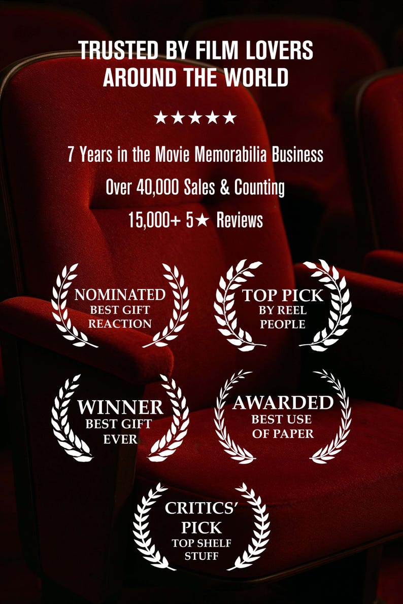 Pode incluir: Um close-up de um assento de cinema vermelho com o texto "TRUSTED BY FILM LOVERS AROUND THE WORLD". Texto adicional destaca 7 anos de neg&oacute;cio, mais de 40.000 vendas e mais de 15.000 avalia&ccedil;&otilde;es. Pr&eacute;mios tamb&eacute;m s&atilde;o exibidos.