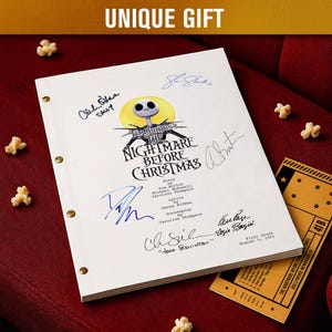 May include: A script from Tim Burton's "The Nightmare Before Christmas" with multiple signatures. The title is displayed with the Jack Skellington character. The words "UNIQUE GIFT" are at the top. Popcorn and a movie ticket are also in the image.