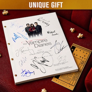 May include: A script from "The Vampire Diaries" with multiple signatures, a photo of the cast, and the words "UNIQUE GIFT" at the top. A vintage movie ticket and popcorn are on a red velvet surface.