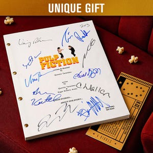 May include: A white script titled "Pulp Fiction" with multiple signatures, gold binding, and a movie ticket, set against a red background with popcorn. The text "UNIQUE GIFT" is at the top.