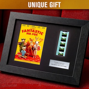 Può includere: Opera d'arte incorniciata in nero con un poster del film "Fantastic Mr. Fox", una striscia di pellicola e una targa con la scritta "Original Film Cell Limited Edition Private Collections". Il poster ha uno sfondo giallo.