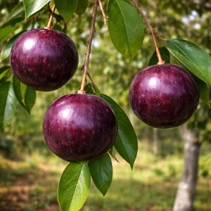May include: Three ripe, dark purple star apples hang from a tree branch with green leaves. The fruits are round and have a glossy surface, with a natural background of green foliage and a tree trunk.