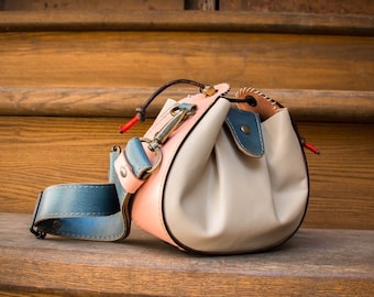 Pink beige blue leather woman purse   Unique diagonal LadyBuQ bag  Small handmade evening bag   Original woman purse  Perfect gift