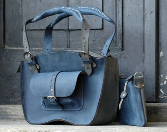 Navy Blue and gray leather bespoke  handmade leather purse office  bag  unique real leather woman purse handstitched leather bag