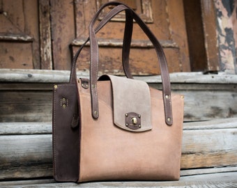 Leather women tote crossbody shopper handbag strong well made unique purse office bag personalizable woman gift ladybuq duffels beige brown