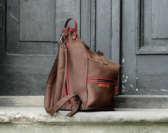 matt leather handmade backpack / shoulder bag Brown & Raspberry accents travel backpack leather rucksack leather bag backpack handmade