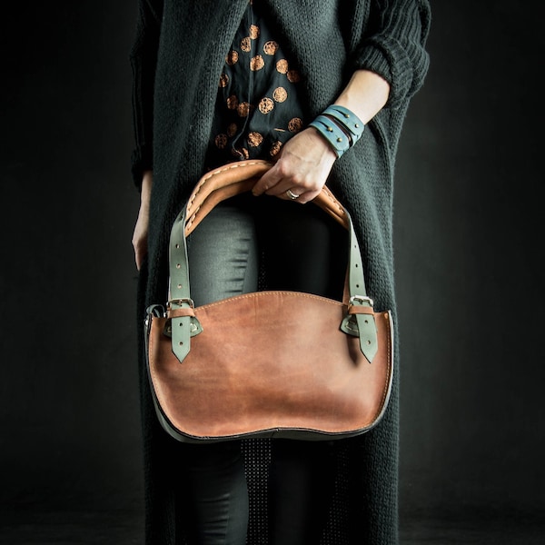 Leather Tote Bag with Clutch Set ladybuq art design natural full grain leather bag office purse everyday bag shopper handmade bag sale