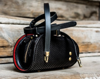 Black purse with adjustable crossbody strap   Limited collection leather bag with dotted pattern  Real handmade purse   Gift for her
