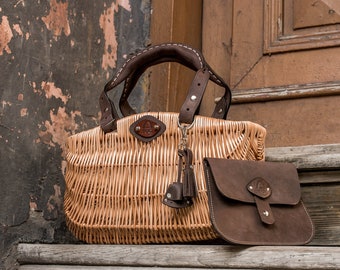 Wicker Shopping Handbag, Picnic Wicker Basket, Handwoven Picnic Basket, Handmade Wicker and Leather Bag, Natural handmade by LadybuqArt