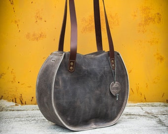 Grey leather tote bag top handle purse durable leather round bag