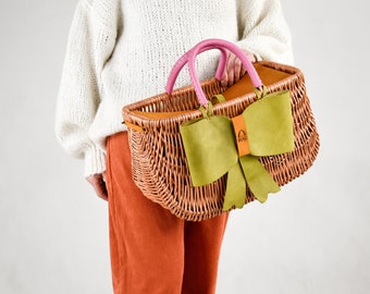 Wicker Bag with big leather bow, Unique Bag, Shopping Bag, Picnic Basket, Wicker Basket, Full Grain Leather Willow basket, Birkin Basket Bag