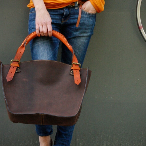 Brown and orange leather Tote bag witch clutch set ladybuq handmade bag oversize tote zippered purse hobo boho vintage style handmade bag