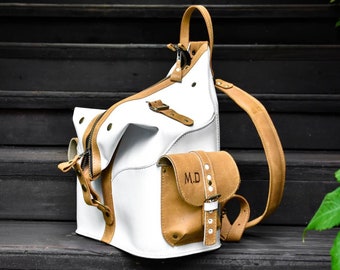 Sac à dos original et unique en cuir blanc, sac pour ordinateur portable multifonctionnel, sac à main Ladybuq, sac à dos personnalisable, sac parfait pour le travail