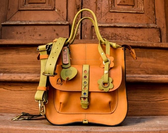 Full grain leather bag  Unique Woman Tote  Personalized gift  Original laptop bag Camel handbag and backpack  Lime crossbody bag  Travel Bag
