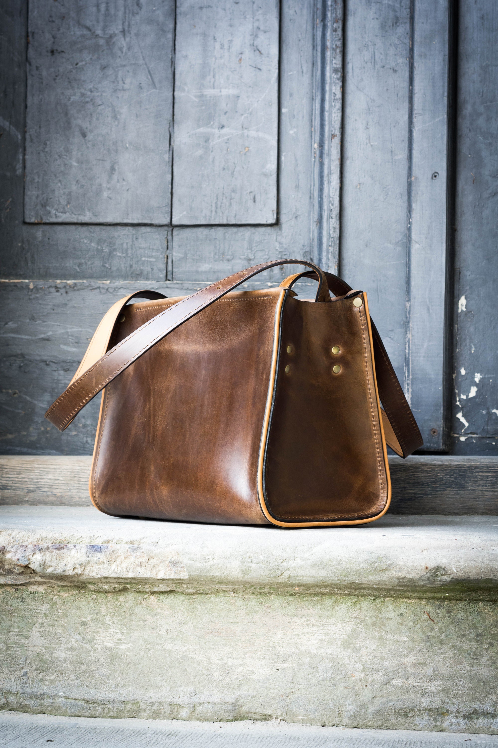 Handmade handbag brown natural leather unique design | Etsy