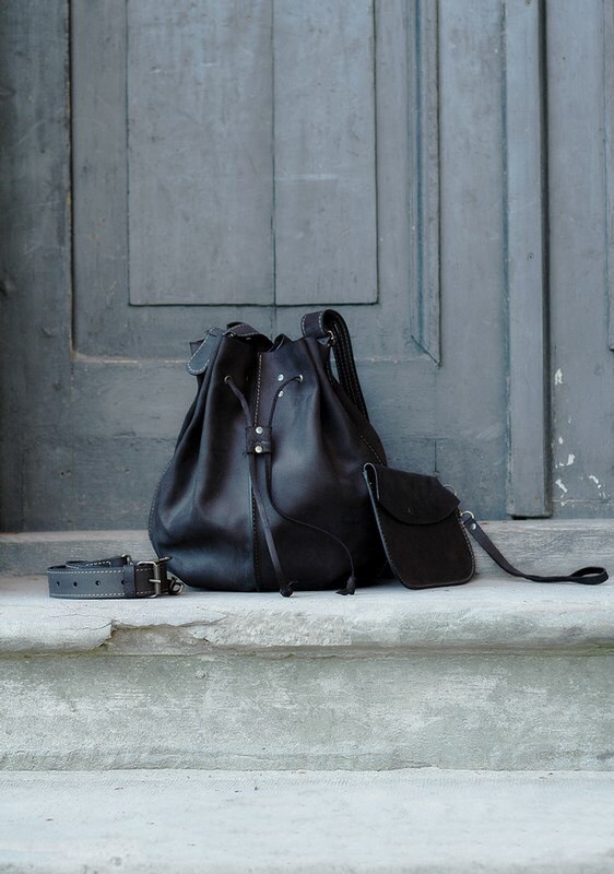 BLACK leather woman bag baggy shape Maja 2 Ladybuq art design | Etsy