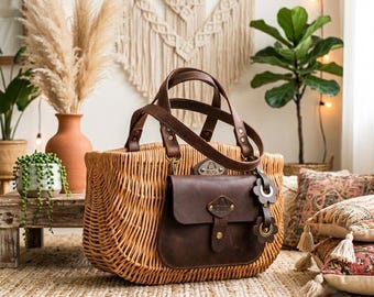 Handwoven Wicker Basket Bag with Leather Pouch personalized