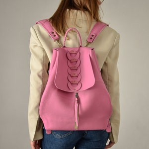 Pink designer quality leather backpack woman bag work handbag fashion backpack gift for her ladybuq art original women's leather rucksack zdjęcie 1