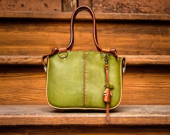 Vegetable tanned leather purse luxury oryginal green  handstitching bag, handmade leather back bag,  veg leather tote, personalized bag,