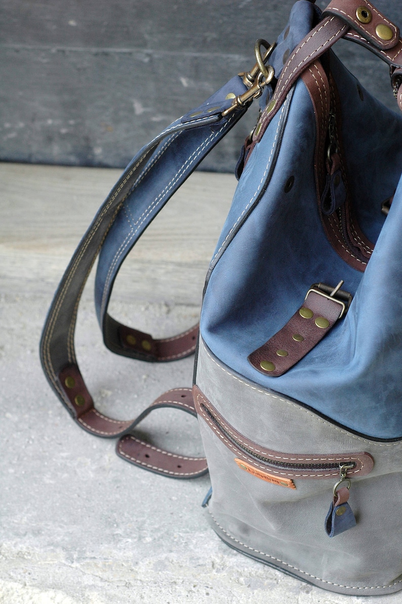 Convertible leather Backpack handmade roomy weekender bag backpack / shoulder bag Navy Blue, Gray, Brown accents handbade by ladybuq studio image 6