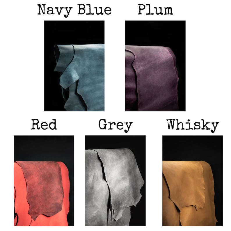 May include: Six leather swatches in different colors: navy blue, plum, red, grey, and whiskey. The swatches are folded and arranged in a grid.
