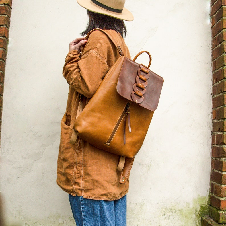 Camel designer natural the best quality leather backpack woman bag work bag fashion backpack gift for her ladybuq art leather rucksack 画像 6