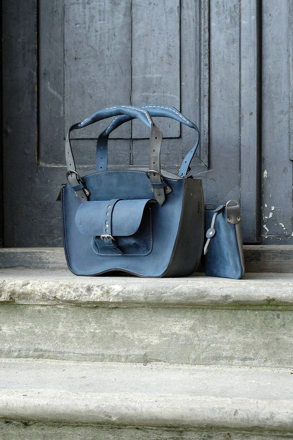 Navy Blue handmade leather purse office woman boho tote bag | Etsy