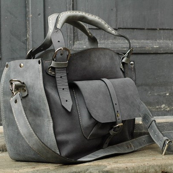 Womens Leather Bag    Latge Tote   Gray Color Handbag with crossbody strap   Original stylish purse   comfortable unique and roomy handbag