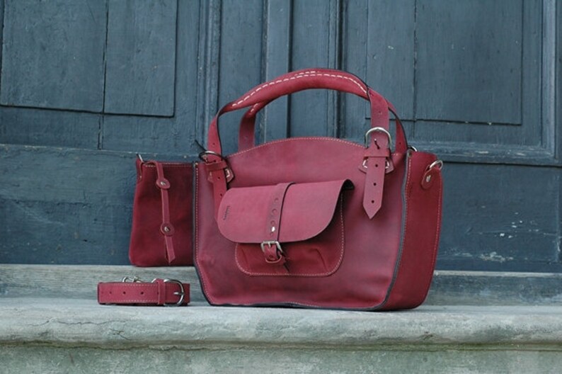 Leather Tote ladybuq handbag raspberry personalized Shoulder Bag with Clutch Set Vintage style purse handmade bag office Travel Laptop bag image 5