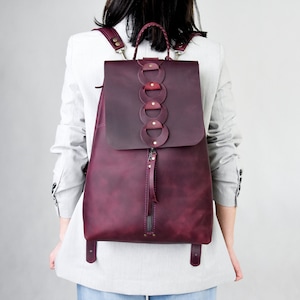 Purple designer quality leather backpack woman bag work handbag fashion backpack gift for her ladybuq art original women's leather rucksack zdjęcie 4